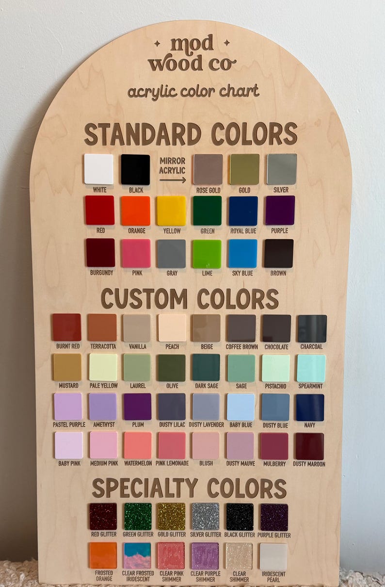 Puede incluir: Carta de colores acr&iacute;licos de madera de Mod Wood Co. con colores est&aacute;ndar, personalizados y especiales. Incluye blanco, negro, rojo, naranja, amarillo, verde y m&aacute;s. La carta es para la selecci&oacute;n de colores acr&iacute;licos.