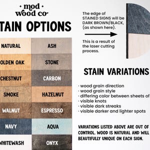 Puede incluir: Imagen que muestra opciones de tinte para madera con nombres como Natural, Roble Dorado y Azul Marino. El texto explica las variaciones de tinte y el proceso de corte por l&aacute;ser. El borde de los letreros te&ntilde;idos ser&aacute; marr&oacute;n oscuro/negro.