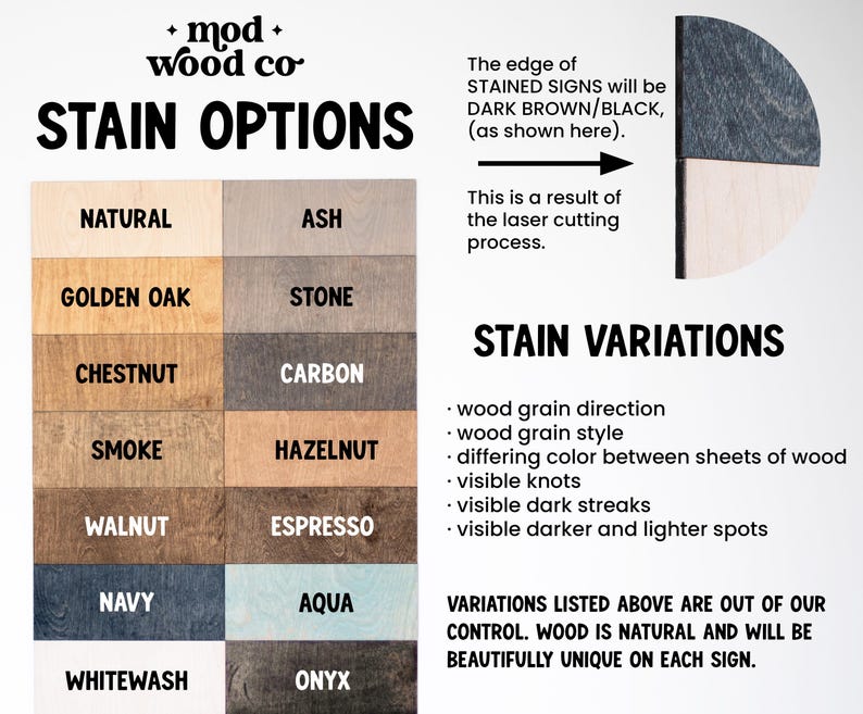 Puede incluir: Imagen que muestra opciones de tinte para madera con nombres como Natural, Roble Dorado y Azul Marino. El texto explica las variaciones de tinte y el proceso de corte por l&aacute;ser. El borde de los letreros te&ntilde;idos ser&aacute; marr&oacute;n oscuro/negro.