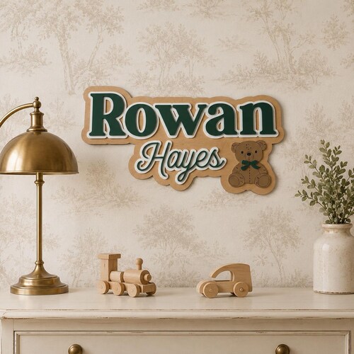 Custom Acrylic Wood Name Sign | Nursery Decor | Child Plaque | Personalized Bedroom Sign | Teddy Bear Theme | Birth Name Announcement