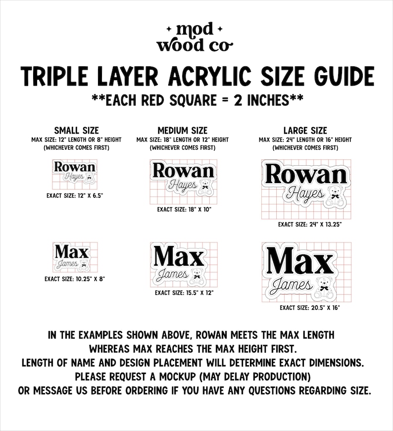 Puede incluir: Una gu&iacute;a de tallas para productos acr&iacute;licos de triple capa, con ejemplos de placas con nombres. La gu&iacute;a muestra tama&ntilde;os peque&ntilde;os, medianos y grandes, con dimensiones en cm. El texto incluye "Triple Layer Acrylic Size Guide."