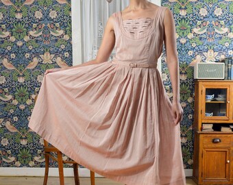 Moving Sale 40s Pink Chambray Cotton Voile Full Skirt Dress With