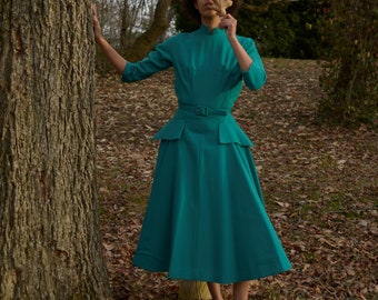 moving sale 1950s teal wool couture modernist fit and flare gown // small, 26" waist