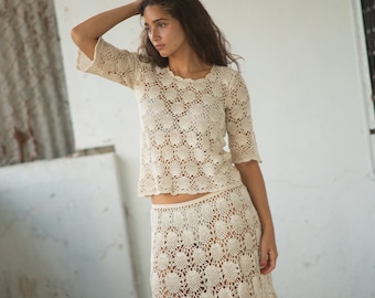1970s cream open weave cotton crochet skirt set, small-med