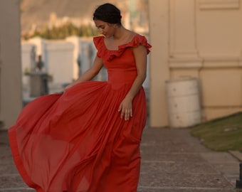 1930s/40s coral red cotton voile ruffle collar full length gown // small