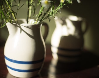 moving sale Mid century Roseville Robinson Ransbottom one quart stoneware pitchers with blue stripes