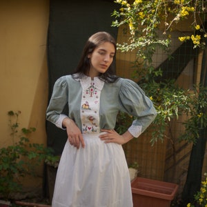 moving sale 80s cotton mutton sleeve cross stitch embroidery and crochet collar gingham blouse // fits up to large