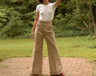 moving sale Rare 1970s cotton gingham ultra wide leg bell bottom trousers // 27W