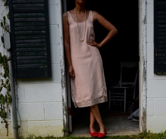 1930s silky rayon salmon pink slip dress with lace