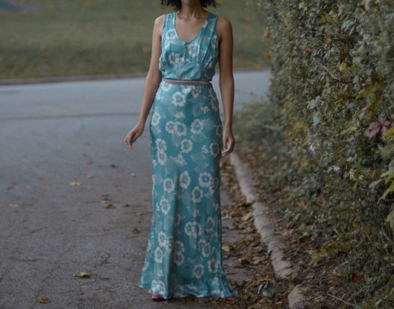 1940s aqua floral silk charmeuse bias cut slip gow