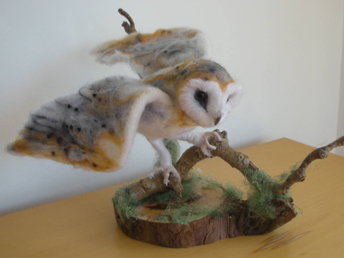Hand Made Needle Felted Barn Owl Landing On A Branch Etsy