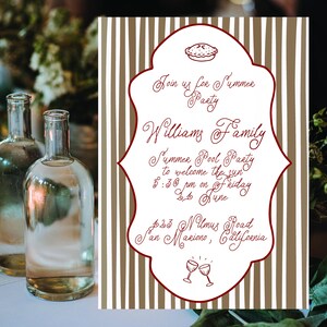 May include: A rectangular invitation card with vertical brown and white stripes. A central white scalloped frame contains red text: Join us for Summer Party, Williams Family, Summer Pool Party to welcome the sun, 5:30 pm on Friday 21 June, 123 Nulmus Road San Mariono, California, with line drawings of a pie and two clinking glasses.