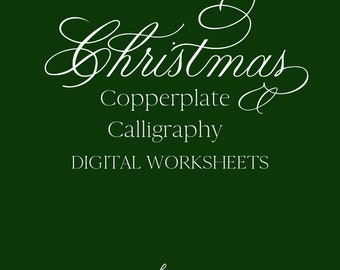 Puede incluir: Un fondo verde oscuro con texto blanco que dice "Christmas Copperplate Calligraphy DIGITAL WORKSHEETS". La imagen también incluye el logotipo y la dirección del sitio web de Amalia Calligraphy & Design.