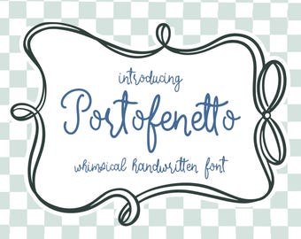 May include: A dark gray decorative frame with looped edges surrounding the blue text "introducing Portofenetto whimsical handwritten font" written in a script style on a white background with a light gray checkerboard pattern.