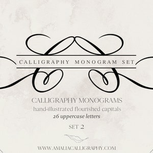 May include: Calligraphy monogram set, featuring 26 hand-illustrated flourished uppercase letters. Set 2. www.amaliacalligraphy.com