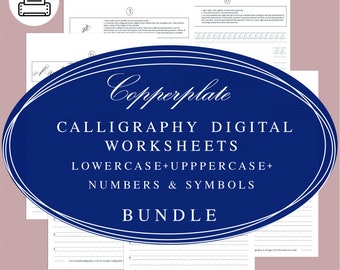 May include: A blue and white digital download for copperplate calligraphy worksheets. The worksheets include lowercase, uppercase, numbers, and symbols. The title "Copperplate Calligraphy Digital Worksheets" is in a white font on a blue background. The text "Lowercase + Uppercase + Numbers & Symbols Bundle" is in white font on a blue background.
