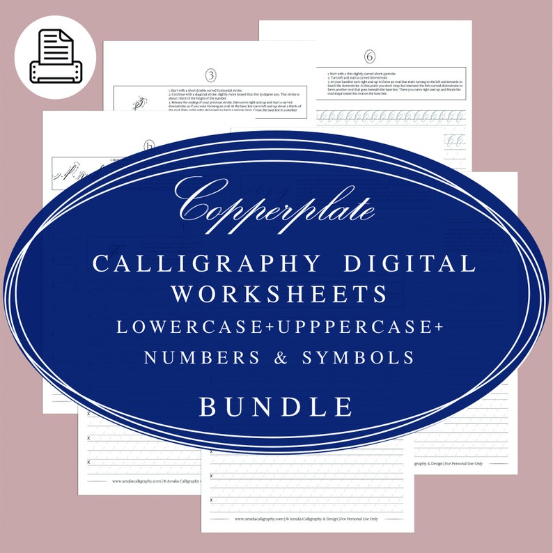 May include: A blue and white digital download for copperplate calligraphy worksheets. The worksheets include lowercase, uppercase, numbers, and symbols. The title "Copperplate Calligraphy Digital Worksheets" is in a white font on a blue background. The text "Lowercase + Uppercase + Numbers & Symbols Bundle" is in white font on a blue background.