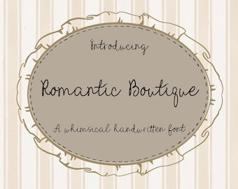 May include: A beige oval label with a dark dashed border and a ruffled edge, set against a vertical striped background. The text reads: Introducing Romantic Boutique A whimsical handwritten font in black script lettering.