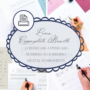 Nozioni di base e schede di lavoro per la calligrafia in PDF, fogli stampabili con lettere tracciabili per principianti di calligrafia calcografica, impara la calligrafia
