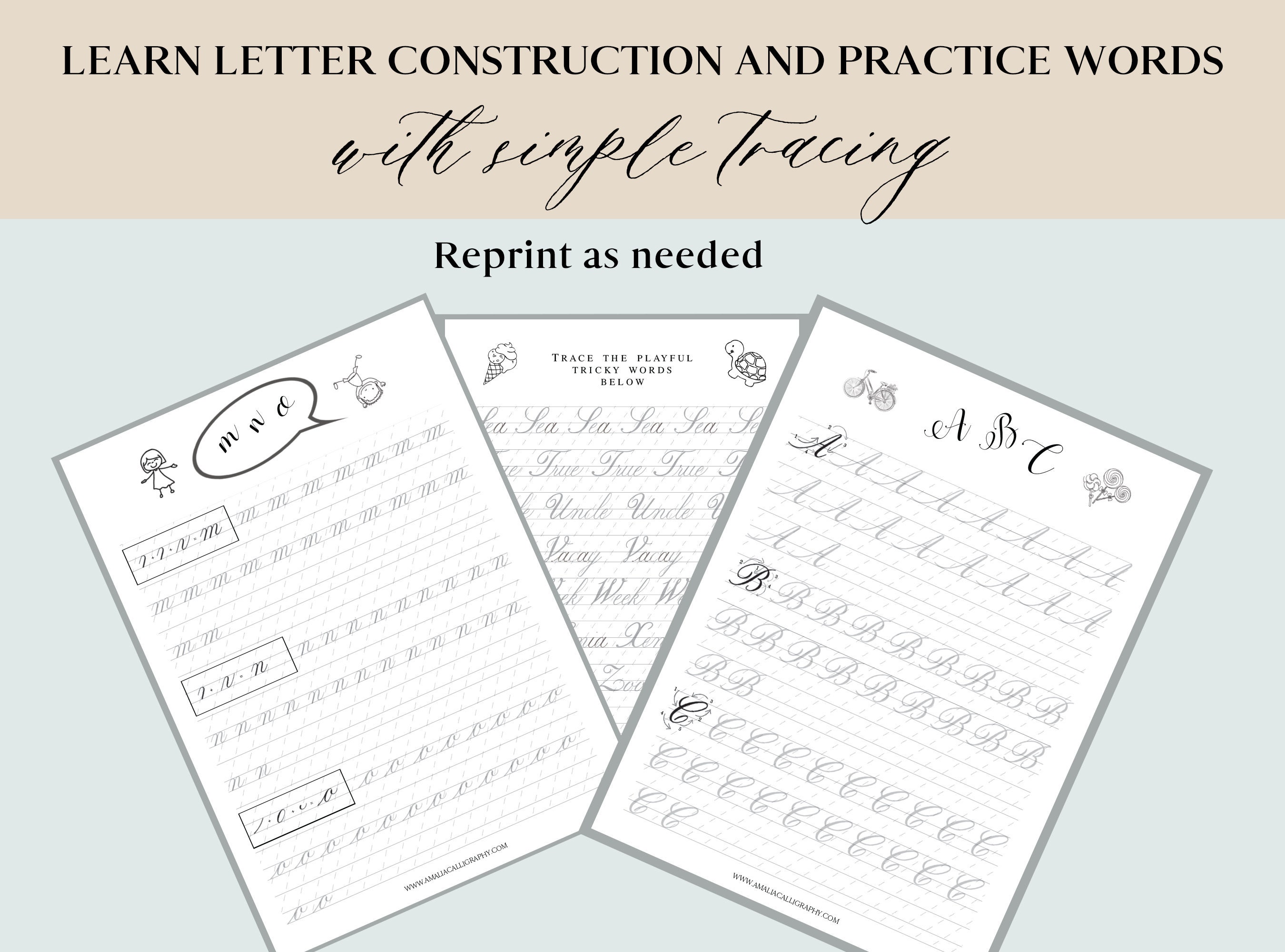 Printable Cursive Handwriting Practice Worksheets for Kids - Etsy