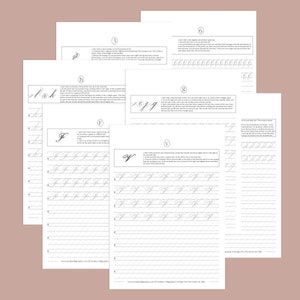 May include: Printable calligraphy practice sheets for the letters F, G, H, J, K, V, and W. Each sheet features a dotted grid and instructions for writing each letter.