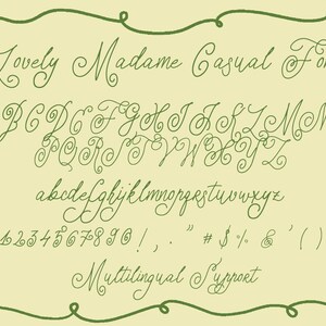 May include: A digital font specimen sheet titled Lovely Madame Casual Font, featuring a full set of uppercase and lowercase letters, numbers, and symbols in a green cursive script on a pale yellow background with a hand-drawn border.