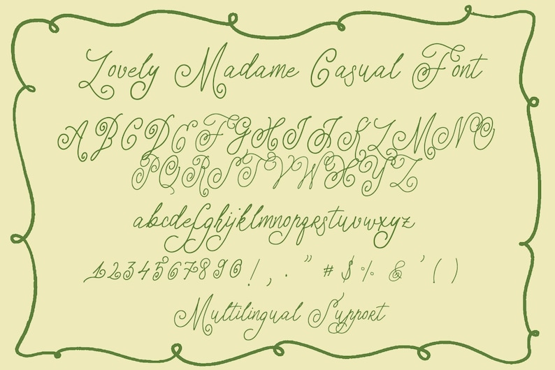 May include: A digital font specimen sheet titled Lovely Madame Casual Font, featuring a full set of uppercase and lowercase letters, numbers, and symbols in a green cursive script on a pale yellow background with a hand-drawn border.