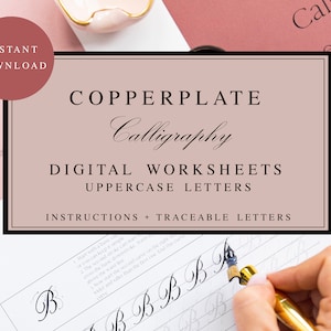 Fogli di pratica per la calligrafia su lastra di rame DIGITALE / Fogli guida / Lettering a mano / Penna a punta / Lettere maiuscole / Calligrafo