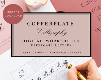 DIGITALE Copperplate kalligrafie oefenbladen | Gidsbladen | Handschrift | Puntige pen | Hoofdletters | Kalligraaf