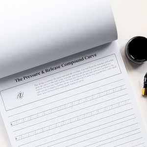 May include: A white notebook with the title "The Pressure & Release Compound Curve" and a black inkwell and a calligraphy pen on a white surface.