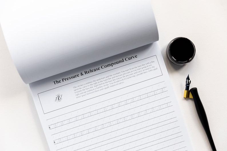 May include: A white notebook with the title "The Pressure & Release Compound Curve" and a black inkwell and a calligraphy pen on a white surface.