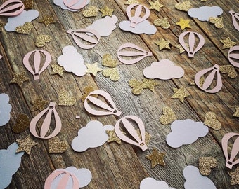 Hot Air Balloon Confetti, Pastel Clouds, Gold Stars, Baby Shower Table Scatter 200 pieces