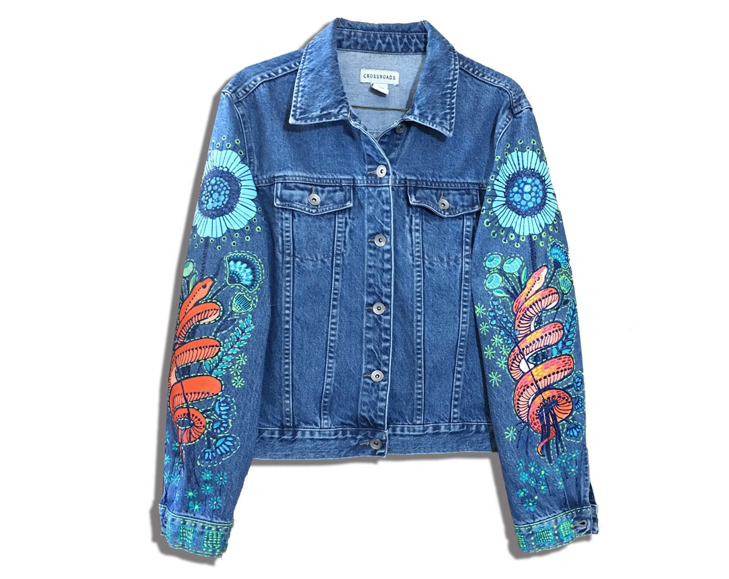 Snake and Flowers Painted Denim Jacket 