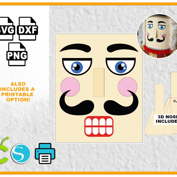 2D Nutcracker face with 3D nose SVG Nutcracker Face SVG Includes Printable Option Christmas SVG File for Cricut Silhouette and print