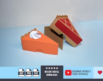 May include: Two paper pie slice boxes, one orange with a white swirl and one brown with a red filling. The boxes are open, revealing the inside. The bottom of the image has icons for DXF, PNG, and SVG files, along with text that reads "INSTANT DIGITAL DOWNLOADS" and "BEGINNER FRIENDLY VIDEO TUTORIALS."
