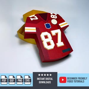 Könnte beinhalten: Ein rotes und goldenes Football-Trikot aus Papier mit der Nummer 87 in Weiß, in einer gelben Box. Das Trikot hat weiße und goldene Streifen auf den Ärmeln und Schultern. Das Bild enthält den Text "INSTANT DIGITAL DOWNLOADS" und Symbole für PDF-, DXF-, PNG- und SVG-Dateien.