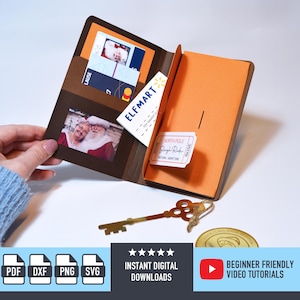 May include: An open brown and orange wallet containing a photo, credit cards, and a ticket marked "North Pole". A gold key and a coin are placed beside the wallet. The wallet's interior is visible.