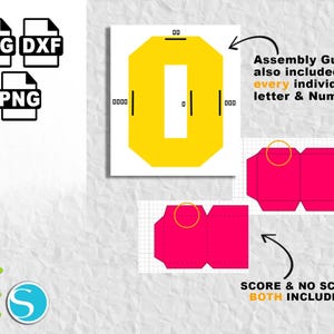 以下が含まれることがあります： SVG、DXF、PNG形式のデジタルデザインファイル。画像には黄色の数字のゼロのデザインとピンクのボックステンプレートが表示されています。「Assembly Guide」と「Score & No Score Both Included!」というテキストが含まれています。