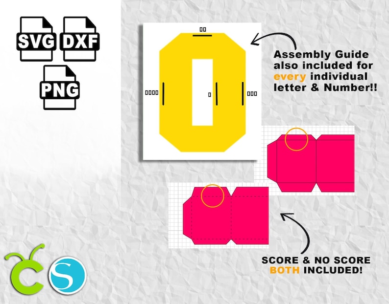 以下が含まれることがあります： SVG、DXF、PNG形式のデジタルデザインファイル。画像には黄色の数字のゼロのデザインとピンクのボックステンプレートが表示されています。「Assembly Guide」と「Score & No Score Both Included!」というテキストが含まれています。