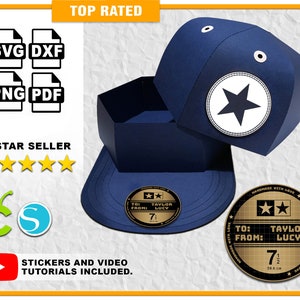 Baseballcap box SVG-bestand voor Cricut en Silhouette 3D-geschenkdoos gunst vak gunst sjabloon DXf PNG bevat score en geen score-opties