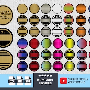 May include: A collection of digital design elements in various colors and styles. Includes circular designs with the number "7 1/2" and the text "INCLUDES A CUSTOMISABLE LAYERED SVG OPTION!" The image also features file type icons and the text "INSTANT DIGITAL DOWNLOADS".