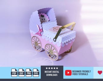 3D Stroller Gift Box SVG File 3D Pram SVG Baby Shower SVG 3D Gift Box Favor Box Template DXf PDf Printable
