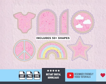 May include: A collection of pink and gold digital shapes, including a onesie, arch, circle with clouds, peace sign, rainbow, and star. The text "INCLUDES 50+ SHAPES" is displayed. The image also includes file type icons and the text "BEGINNER FRIENDLY VIDEO TUTORIALS".
