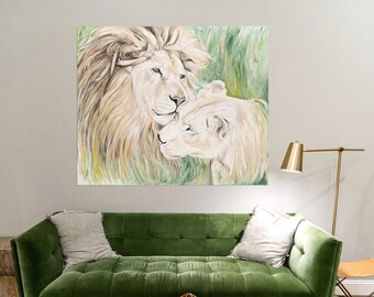 Love of lions in natural colors- Original art, Hand made, Print on canvas, Modern paint, Fine art