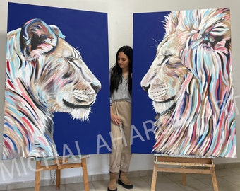 Un par de leones azules - Pintura original de Michal Aharon