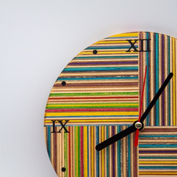 Handmade Wall Clock from Recycled Skateboards - Roman Numeral VIII Design - Eco-Friendly Skateboard Wood Decor