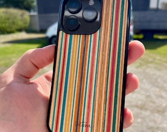 Orange phone case finished with recycled skateboard wood for iPhone 16, 15, 14, 13, 12, Pro, Samsung S24, Huawei Pixel Retro