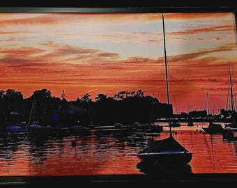 Neenah, WI, boat harbor sunset print. 12"x18" framed.