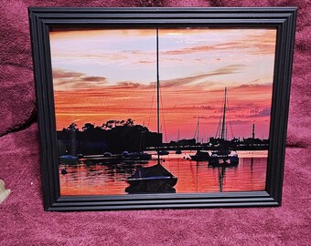 The Neenah, WI, harbor in the sunset. Digital print in a plastic black frame. 8x10"