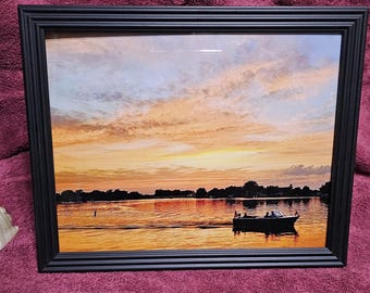 Neenah, WI, Boat in Marina during the Sunset, digital print in an 8x10" frame. Made by a local artist.